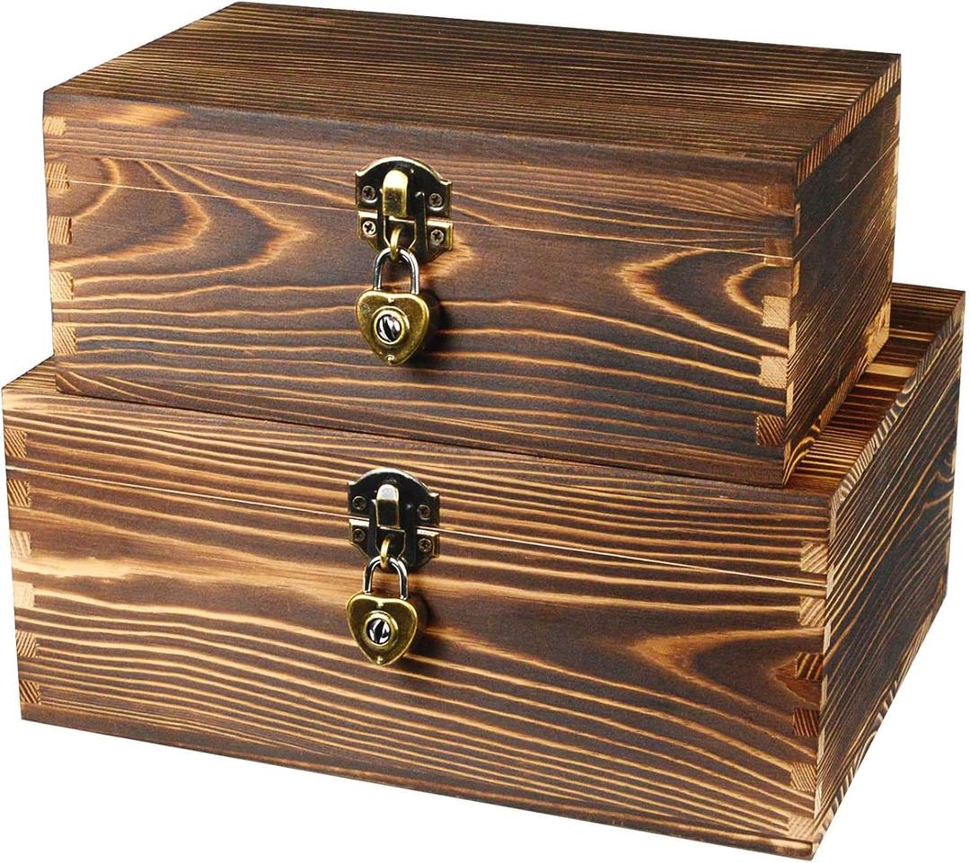 Wooden Box with Lock and Keys Hinged Lid Treasure Chest Memory Hobby Preservation Rustic Decorative Archival Organizer Jewelry Gadget Trinkets Keepsake Wood Storage Boxes 2 Pack Smokey Color