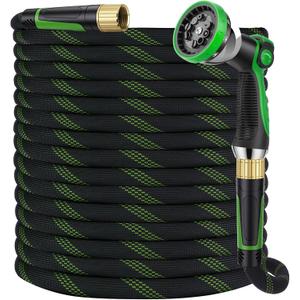 Garden Hose 100 ft, Non-Expandable Ultra-Lightweight Flexible Hose with 360° Dual-End Anti-Kink Design, 10-Pattern Spray Nozzle, 500 PSI Leak-Proof, 96-Strand Braided Fabric, Storage Strap