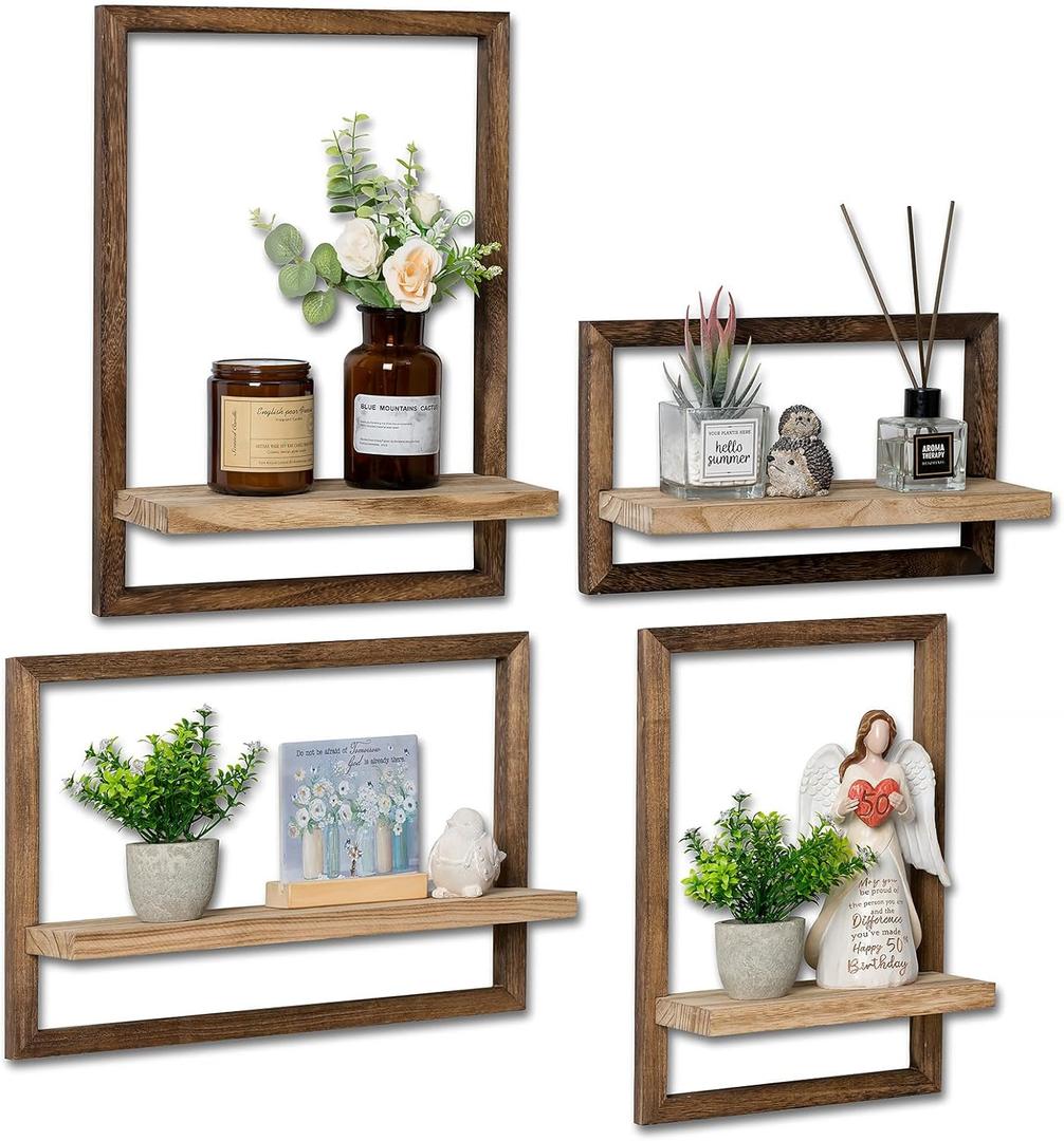 Wood Wall Shelves for Bedroom Farmhouse - Rustic Floating Shelf Decorative Storage Shelving Wall Mounted Decor with Frame for Living Room