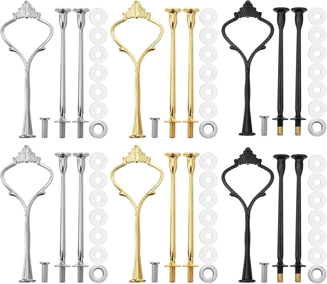 3 Tier Cupcake Stand Fittings Cake Stand Hardware Kit Heavy Metal Cake Stand Holder for Dessert Serving Trays Support Rod, Tiered Resin Plates, Crafts Making and Decoration(Black, Silver, Gold,6 Sets)