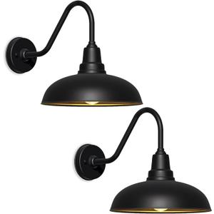 14" Large Outdoor Barn Lights  Black Industrial Gooseneck Wall Fixtures for Porch, Garage, or Farmhouse Exterior  Waterproof and Rustproof Design  2 Pack