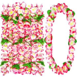 Hoteam 24 Counts Pink White Hawaiian Leis Necklace Tropical Flower Lei Floral Luau Party Decorations Hawaiian Flower Luau Necklaces Hula Dance Garland Headbands for Beach Birthday Wedding Party Favor