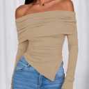 PRETTYGARDEN Women's Off The Shoulder Tops Spring Fashion 2026 Long Sleeve Shirts Going Out Slim Fitted Blouses Fall Clothes (Beige, XS)