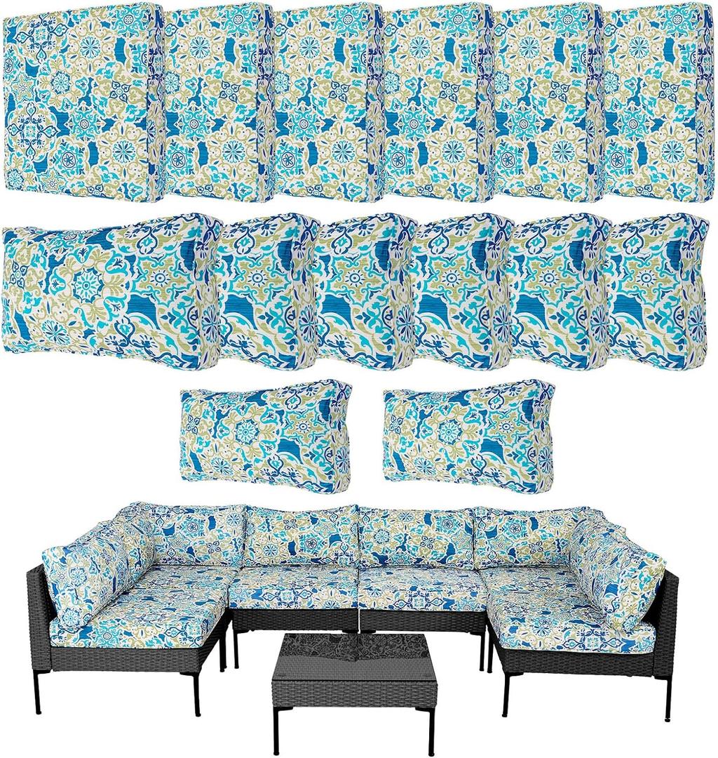14Pcs Outdoor Cushion Covers Replacement Washable Waterproof UV w/Zipper for 6-Seaters Sofa Patio Slipcovers Set Seat and Back Covers Only (Morocco Dream, 25x25x3.15inch)