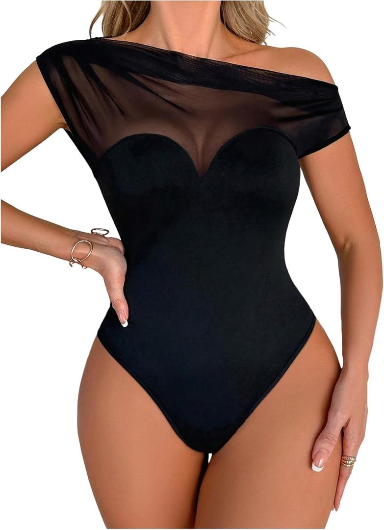OYOANGLE Women's Mesh Sheer One Shoulder Bodysuit Asymmetrical Sleeveless Body Suit Tops L