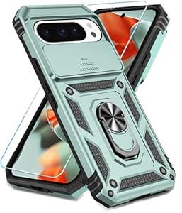 SunStory Compatible with Google Pixel 9 Pro XL Case with HD Screen Protector & Slide Camera Cover & Rotated Ring Kickstand, [Military-Grade] Case for Pixel 9 Pro XL, Green