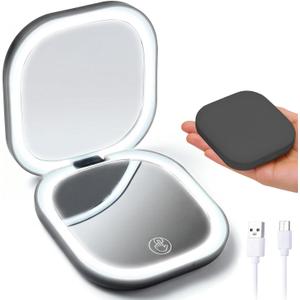 Compact Mirror with Light, Portable LED Lighted Compact Makeup Mirror with 10X Magnification, USB Rechargeable Foldable Small Pocket Travel Magnifying Beauty Mirror for Women Grils Purse, Black