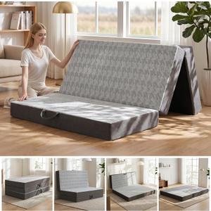 6" Trifold Mattress Full Size, Thick Memory Foam Futon Topper with Portable Handles & Removable Washable Cover, Floor Sofa Bed with Non-Slip Bottom for Camping Pad, Guest Bed, Yoga, Rv (Grey)