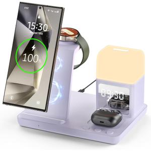 Wireless Charger for Samsung/Android, 6 in 1 Phone Nightstand Charging Station Charger with Alarm Clock/Night Light for Samsung S25/S24/S23 Ultra/Buds3 Pro,Watch Charger for Galaxy Watch 8/7/6-Purple Wireless Charger for Samsung/Android, 6 in 1 Phone Nightstand Charging Station Charger with Alarm Clock/Night Light for Samsung S25/S24/S23 Ultra/Buds3 Pro,Watch Charger for Galaxy Watch 8/7/6-Purple