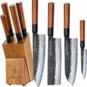 Japanese Knife Block Set, Hand Forged 5-Layer 9CR18MOV Clad Steel Ultra Sharp Kitchen Knives with Wooden Storage & Rosewood Handle, Includes Chef, Santoku, Nakiri, Fruit Knife for Home Mom/Dad