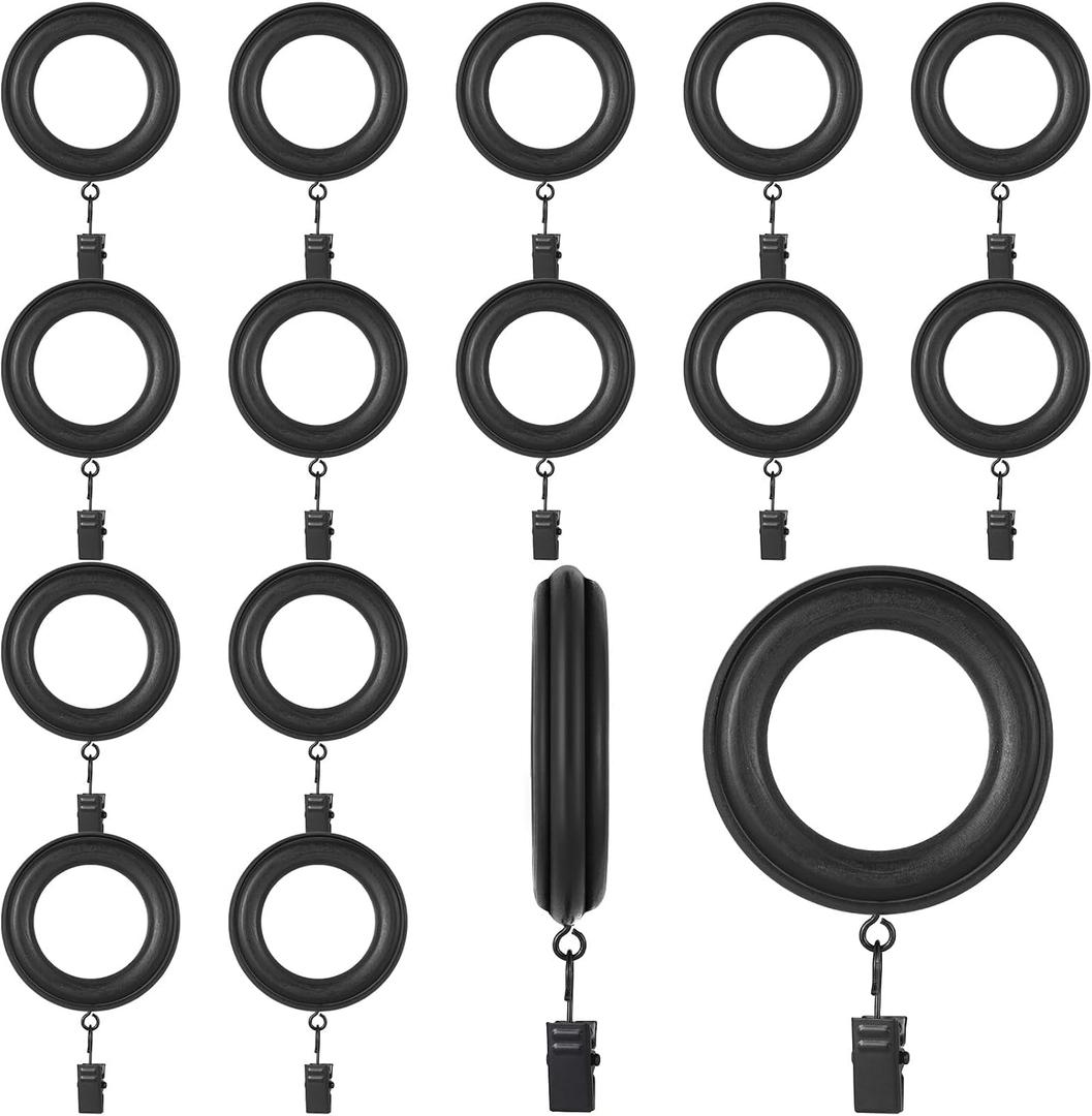 16 Pack Curtain Rod Rings Wooden with Drapery Clips 2.95 Inch Outer Diameter Beech Wood Carved Drapes Rings 1.7 Inch Interior Diameter for 1-1.2 Inch Curtain Rod Pole (Black)
