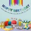 2 PCS Pre-Strung 3D Felt Happy Birthday Banner - Reusable Blue and Green Happy Birthday Decorations Sign, Handmade Wool Felt Ball Garland, Pom Pom Garland, Party Decor, Photo Prop