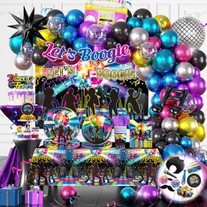 301pcs Disco Party Decorations for 70s, All-in-one 70s Party Decorations for 25 Guests, with No-DIY Banner Thick Plates and Disco Balloon Arch, Disco Photo Booth Props, Easy Setup for 70s Party