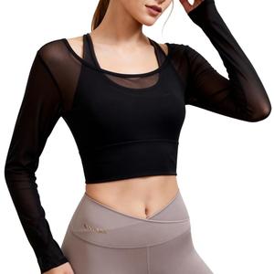 Harssidanzar Women's 2 in 1 Yoga Long Sleeve Mesh Gym Athletic Tops Workout Shirts with Medium Support Sports Bra CL301US (Large, Black)