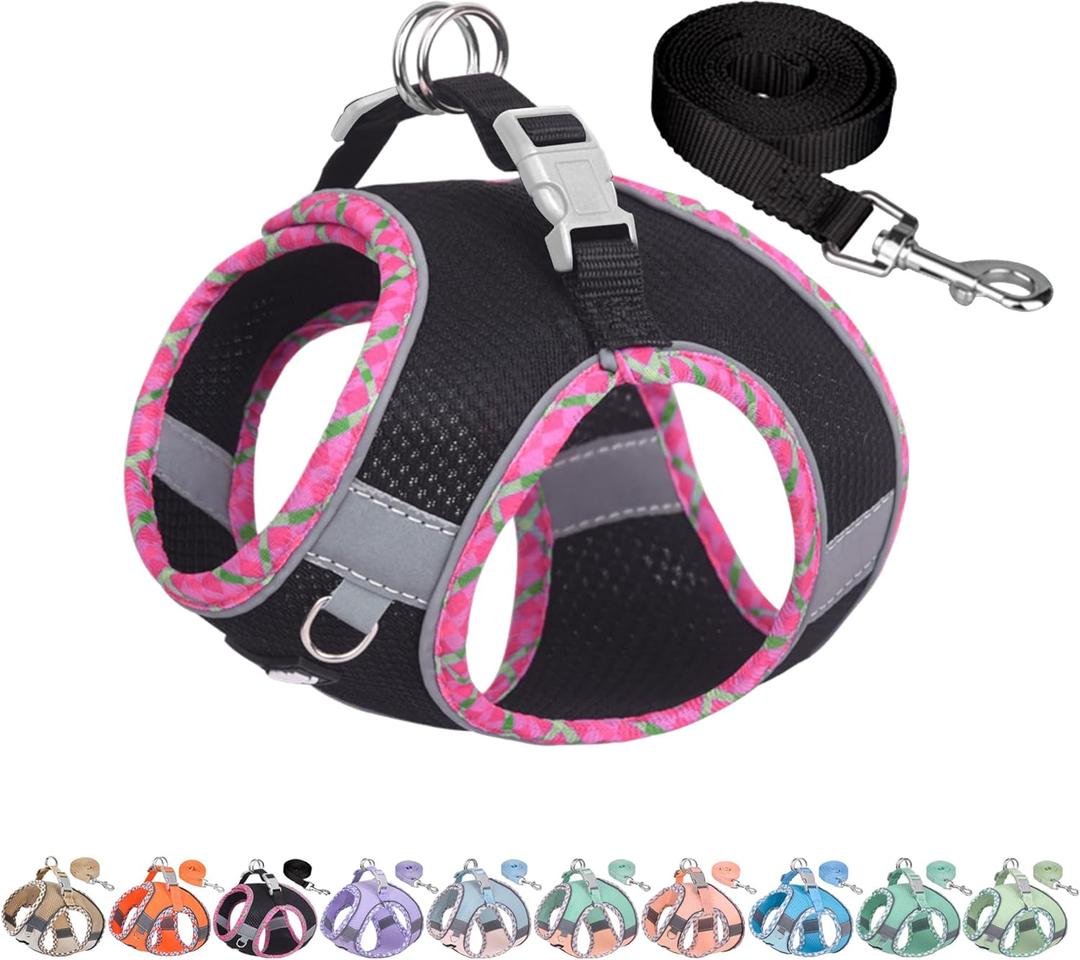 AIITLE Teacup Puppy Harness with Leash - Adjustable Soft Vest with Magic Tape & Reflective Safety Strips, Easy-Put-On for Poodles, Pomeranians - Gym, Hiking, Travel (Black, S) (S(Chest: 13.5 - 15"))
