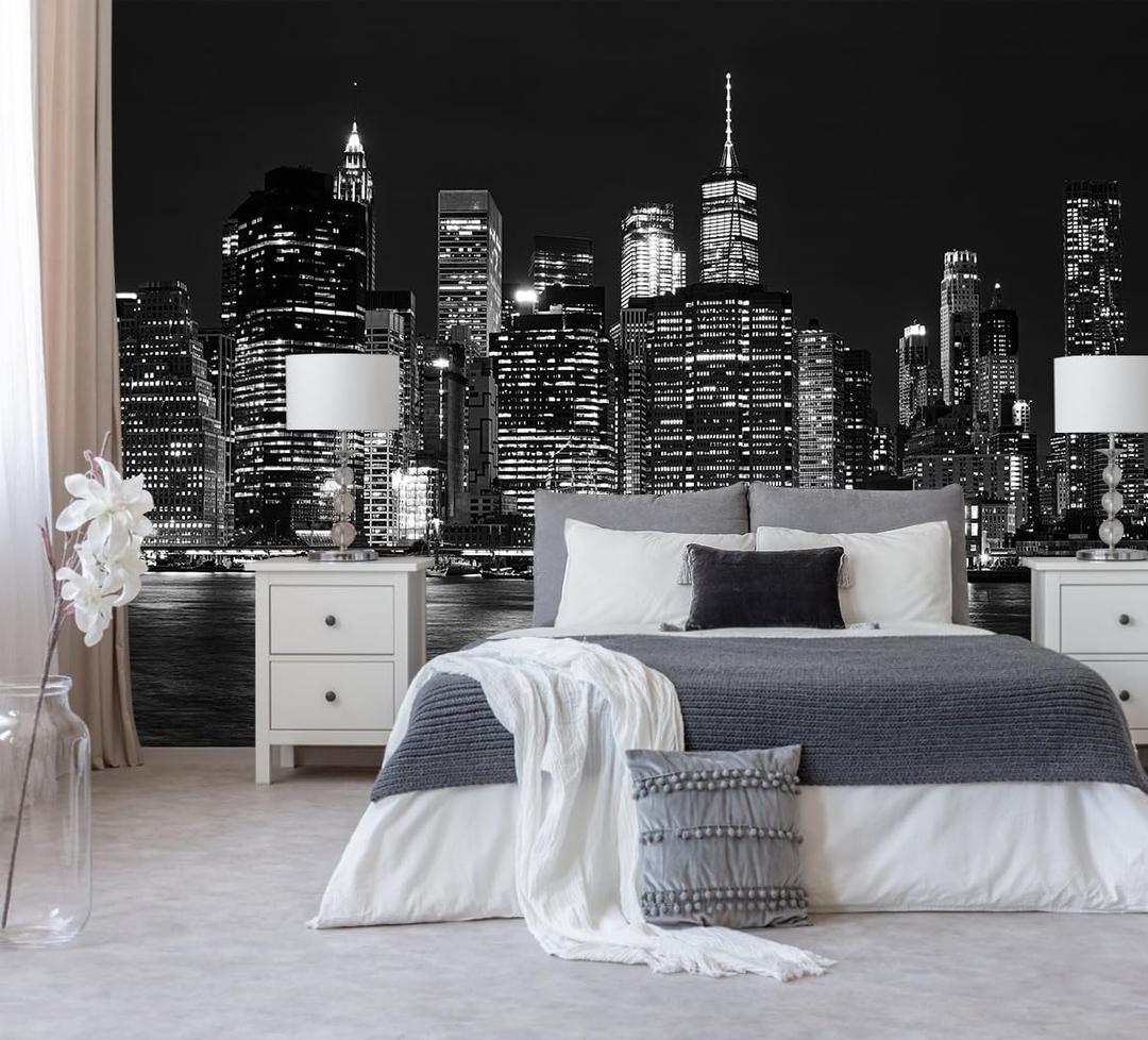 Black City Night Wallpaper Peel and Stick for Living Room 157"x108" | New York Scene Self Adhesive Wall Mural Bedroom