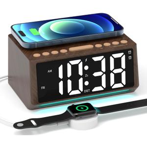 Retro Digital Alarm Clocks for Bedrooms with Large Numbers, Desk Clock with Wireless Charging Station, 7 Mood Lights, Dimmer, Snooze, 12/24H, Loud Alarm Clock for Heavy Sleepers Adults, Vintage Dcor (White)