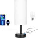 Bedside Touch Table Lamps for Bedroom Nightstand with USB-C USB-A Charging Ports White, 3 Way Dimmable Small Lamp Fabric Shade Black Base for Office, Living Room, Dorm Room Reading (14in)
