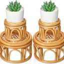 Wenqik 4 Pcs Boho Rattan Plant Stand Woven Wicker Round Riser Stand Indoor Rustic Farmhouse Natural Circle Plant Pedestal Round Accent Centerpiece for Home Kitchen Office Display, 2 Size