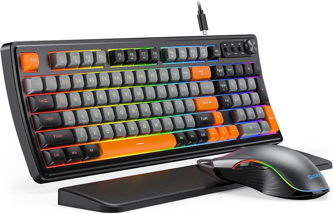 SABLUTE Gaming Keyboard and Mouse, Quiet Membrane Keyboard with RGB Backlit, PC Gaming Keyboard with Multimedia Knob, Anti-Ghosting, Ergonomic Wrist Rest & 3200 DPI Mouse for Gamer/Office (Black-grey)
