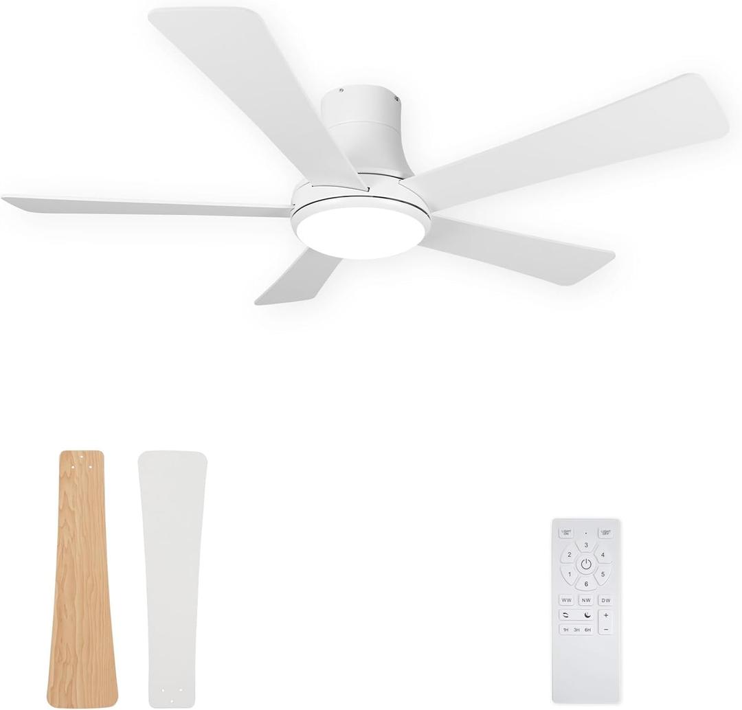 52 Inch Ceiling Fan with Light, Flush Mount Ceiling Fans with 5 Blades, Dimmable, Reversible Motor, 3-Colors Temperatures, 6 Speeds, White Ceiling Fan with Remote for Bedroom