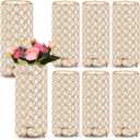 Dandat 8 Pcs Crystal Flower Vase for Wedding Table Centerpieces 7.87 in Crystal Pillar Candle Holder Metal Cylinder Flower Vase Stand for Wedding Decor Gifts Arrangement Event, (Gold)