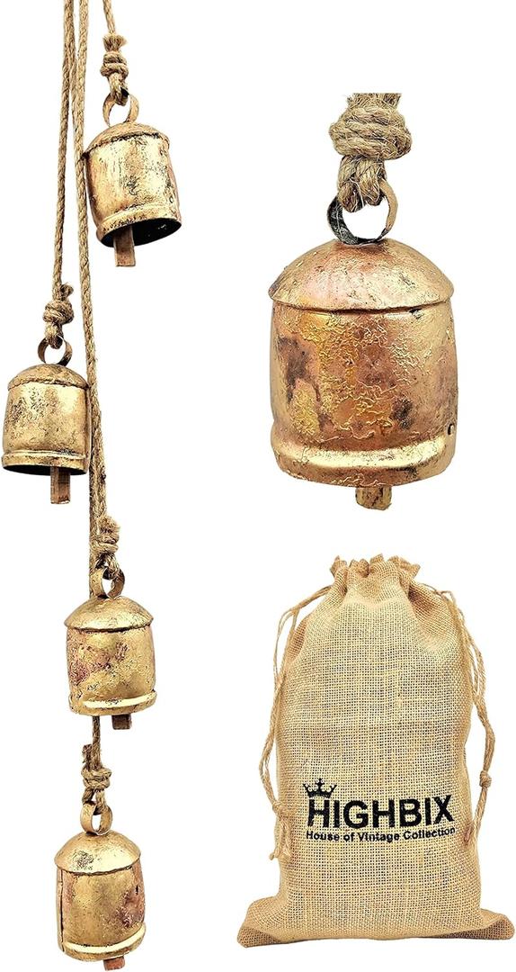 HIGHBIX Harmony 4 Cow Bells Cluster on Rope Large Rustic Vintage Lucky Cow Bells On Rope Wall Hanging Dcor (Gold)