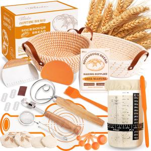 Sourdough Starter Kit, Sourdough Bread Baking Supplies, Sour Dough Starter Kits, Woven Bread Proofing Basket, Sourdough Kit Jar Sour Dough Bread Making Tools Kit Accessories, Gifts for Women Mom Wife