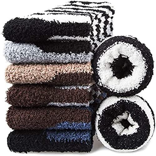 Mens Fuzzy Socks, Warm Winter Fluffy Cozy Slipper Fleece Socks for Men, 6 Pairs