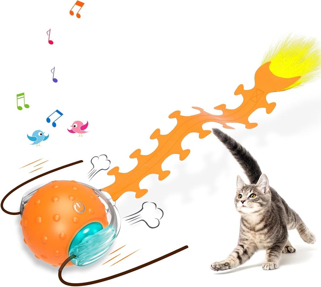 Cat Toys Interactive Ball with Bird Chirping Centipede Tail,Automatic Fast Rolling Cat Ball,Touch Activated Rechargeable Toys for Bored Indoor Adult Cats (Orange)