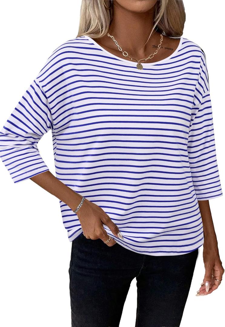 LilyCoco 3/4 Length Sleeve Womens Tops Boat Neck Striped Shirt Long Cotton Tshirts Blue Small (Blue, Small)