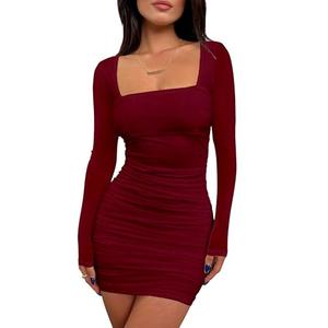 BORIFLORS Women's Sexy Ruched Bodycon Mini Dress Mesh Long Sleeve Club Party Short Dresses, Medium, Red, M