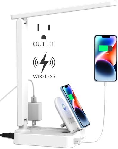 Drevet LED Desk Lamp with Wireless Charger, Desk Table Light with USB Charging Port and 2 Outlets, 3 Lighting Modes, 3 Level Brightness, 1H Timer, Touch Control, Eye-Caring Home Office Lamp, White