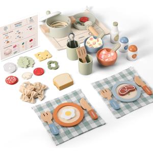 Pithfor Wooden Play Cooking Set, Pretend Play Kitchen Accessories Toys Set for Kids Toddlers, Including Play Dishes, Pot and Pan, Utensils, Gifts for 3 4 5 Years Old Girls Boys, Child-size