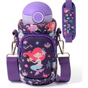 Water Bottle Carrier Bag with Strap for Kids - Water Bottle Bag Holder with Padded Strap Pocket 10/12/14/16/18Oz for Boys Girls School Walking Hiking Camping