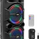 Pyle Portable Bluetooth PA Speaker System-600W Rechargeable Indoor/Outdoor Bluetooth Speaker Portable System w/Dual 8” Subwoofer 1”Tweeter, Microphone in, Party Lights, USB,Radio, Remote-PPHP2835B