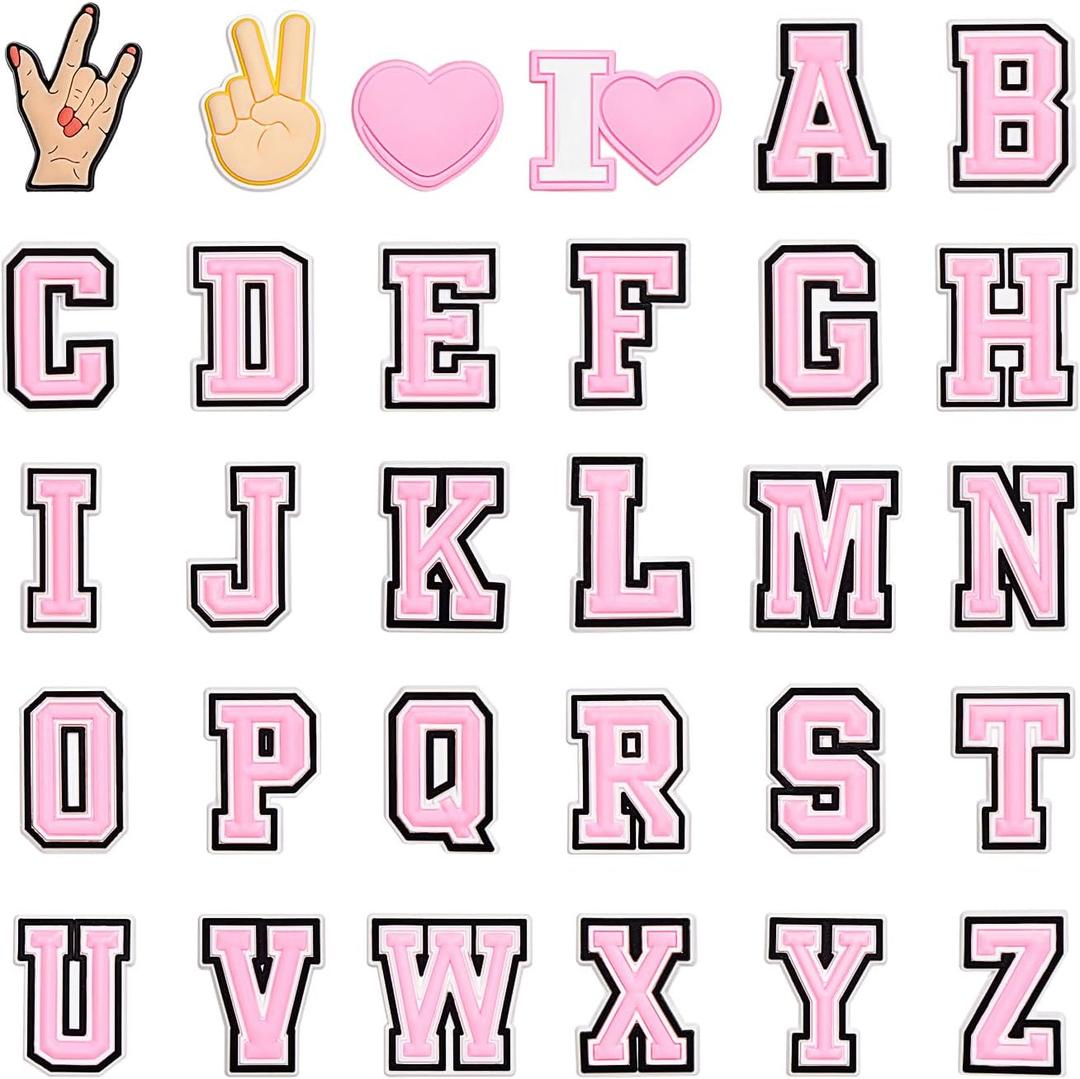 30Pcs Pink Letter Decoration Charms, Alphabet ABC-Z Characters with Heart, Peace and Love, Rock Shoe Charms for Teens Men Women and Adults