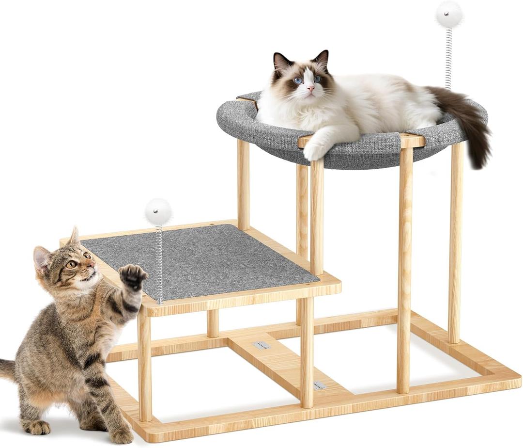 Pawaboo Elevated Cat Hammock Bed, 2-Tier Cats Bed with 2 Teasers, Wooden Cats Furniture with Kitten Scratching Mat,Double Cat Beds Interactive Stair Shaped Pet Hammock for Indoor Kitties Climbing (Wood Color + Grey)