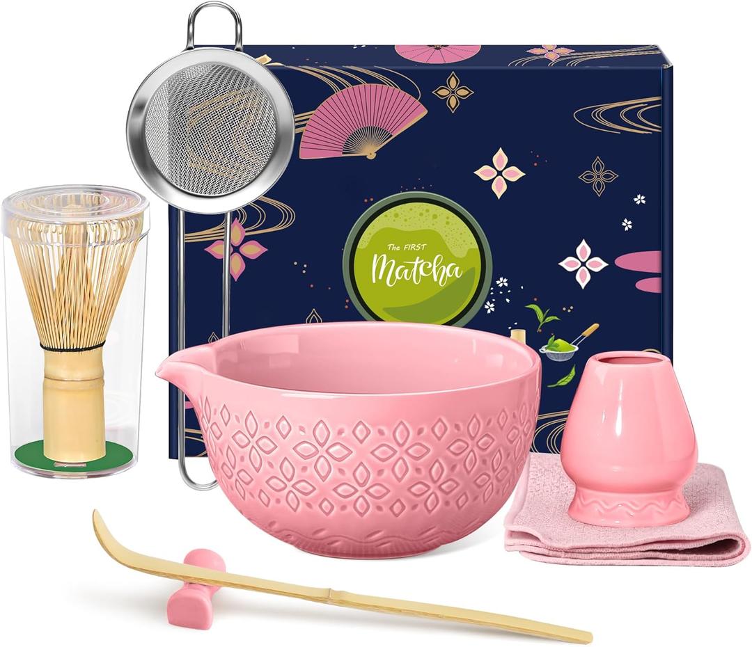 Matcha Whisk Set Matcha Kit - 7 Pcs Japanese Tea Set Includes Matcha Bowl with Spout,Bamboo Whisk with Ceramic Holder,Bamboo Scoop and Rest,Sifter,Tea Towel, for Ceremony Matcha Lovers Gift,Pink