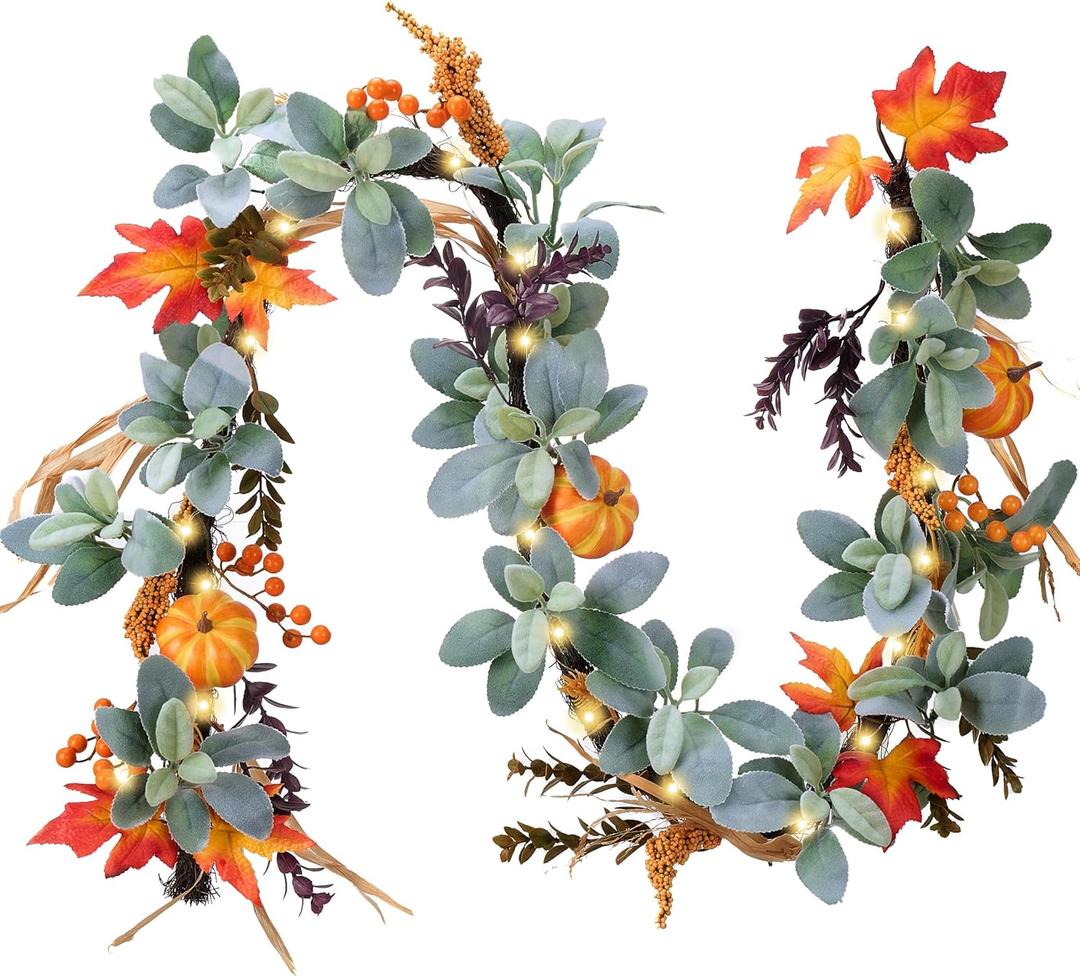 Valery Madelyn Fall Leaves Garlands for Mantle, 6ft Silk Lambs Ear Pumpkins Garland with Lights Maple Thanksgiving Table Centerpiece, Outdoor Fall Halloween Decorations for Autumn Home fireplace Decor