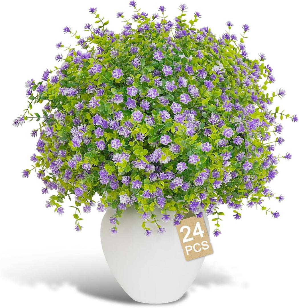 Artificial Flowers for Outdoors(24pac),Fake Plants,Fake Flowers,Artificial Plants & Flowers,Faux Flowers for for Front Porch Decor,uv Resistant Artificial Flowers (Purple)