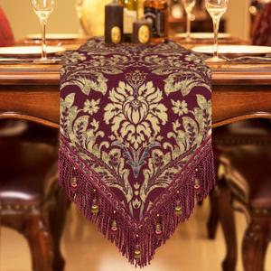 Loom and Mill Luxury Jacquard Table Runner 72 inches Long, Thick Fabric Damask Dining Table Runners with Beads & Tassels for Holiday Table Setting Kitchen Dresser Party Decor(Burgundy Red,13x 72)