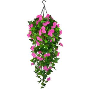 Artificial Fake Hanging Flowers Plants Basket for Spring Outdoor Outside Decoration, UV Resistant Faux Plastic Fabric Flower Morning Glory Wisteria Petunia for Garden Porch Patio Balcony Yard Decor (Pink)