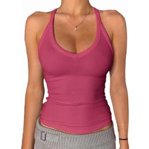 Danysu V Neck Racer Back Tank Top for Women Padded Ribbed Long Tank Fitted Basic Cami Tops (Pink), Medium