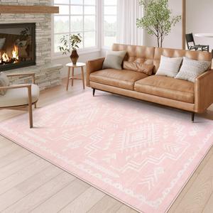 STARUIA Moroccan Washable 5x7 Pink Area Rugs for Living Room, Girls Cute Western and Aztec Tribal Neutral Rug for Bedroom, Soft Non-Shedding Non-Slip Large Carpet for Nursery Kids Home Decor