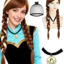 Anogol Hair Cap+ (1 Necklace) Long Brown Braided Ponytails Wig Brown Braids Princess Wigs Women Princess Cosplay Halloween Anime Party Costume Auburn Wig with Blonde Highlight Brown Braided with Bangs