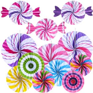 Outus 12 Pcs Candyland Hanging Paper Fans Candy Themed Classroom Decorations Lollipop Paper Fan Colorful Peppermint Ceiling Wall Decor for Halloween Candy Land Birthday Party Supplies (Pink)