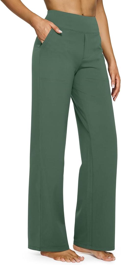 G4Free Yoga Pants Women Wide Leg Pants with Pockets High Waist Stretch Dress Casual Sweatpants Petite/Regular/Tall (Large, Dark Forest Green)
