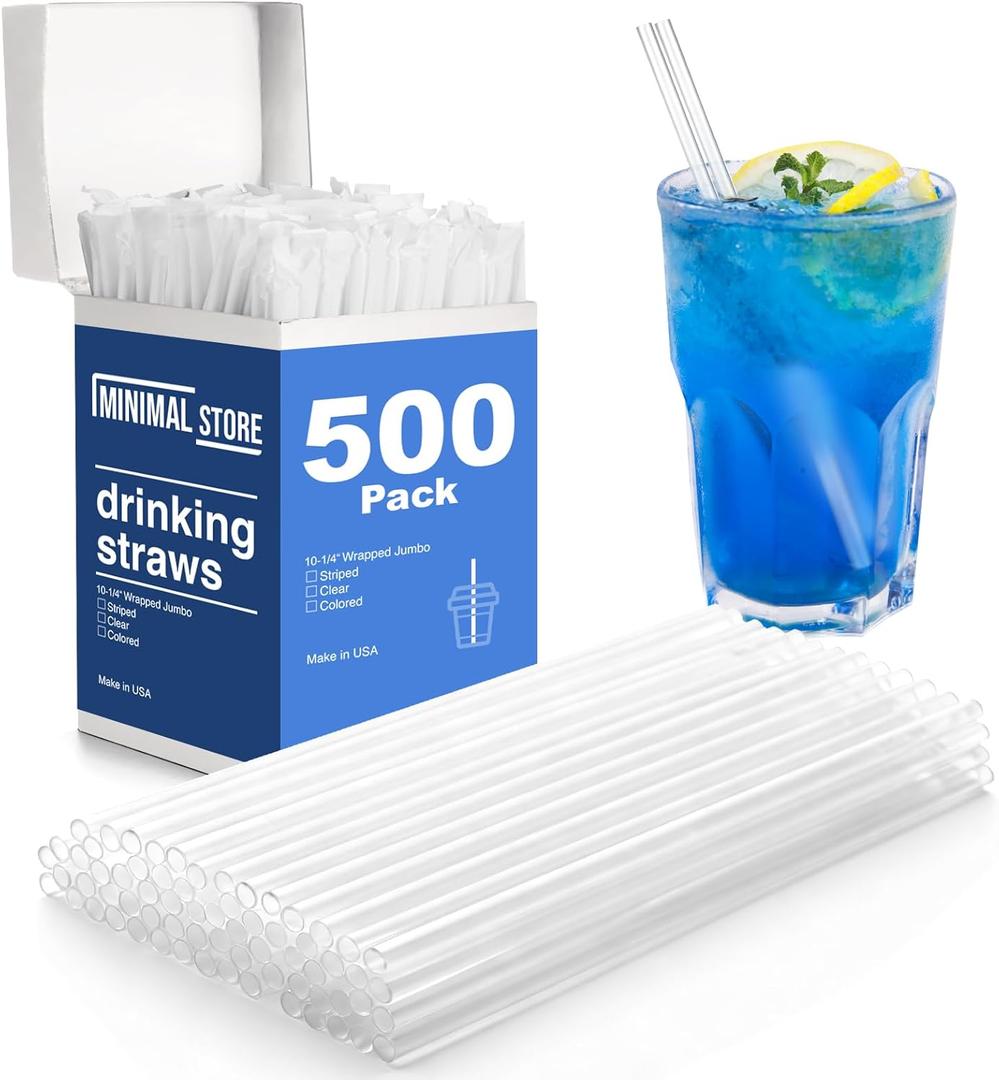 500 Count Individually Wrapped Clear Plastic Drinking Straws | 10.23" Long x 0.24" Diameter | Disposable Straws Plastic for Everyday Use | Made in USA