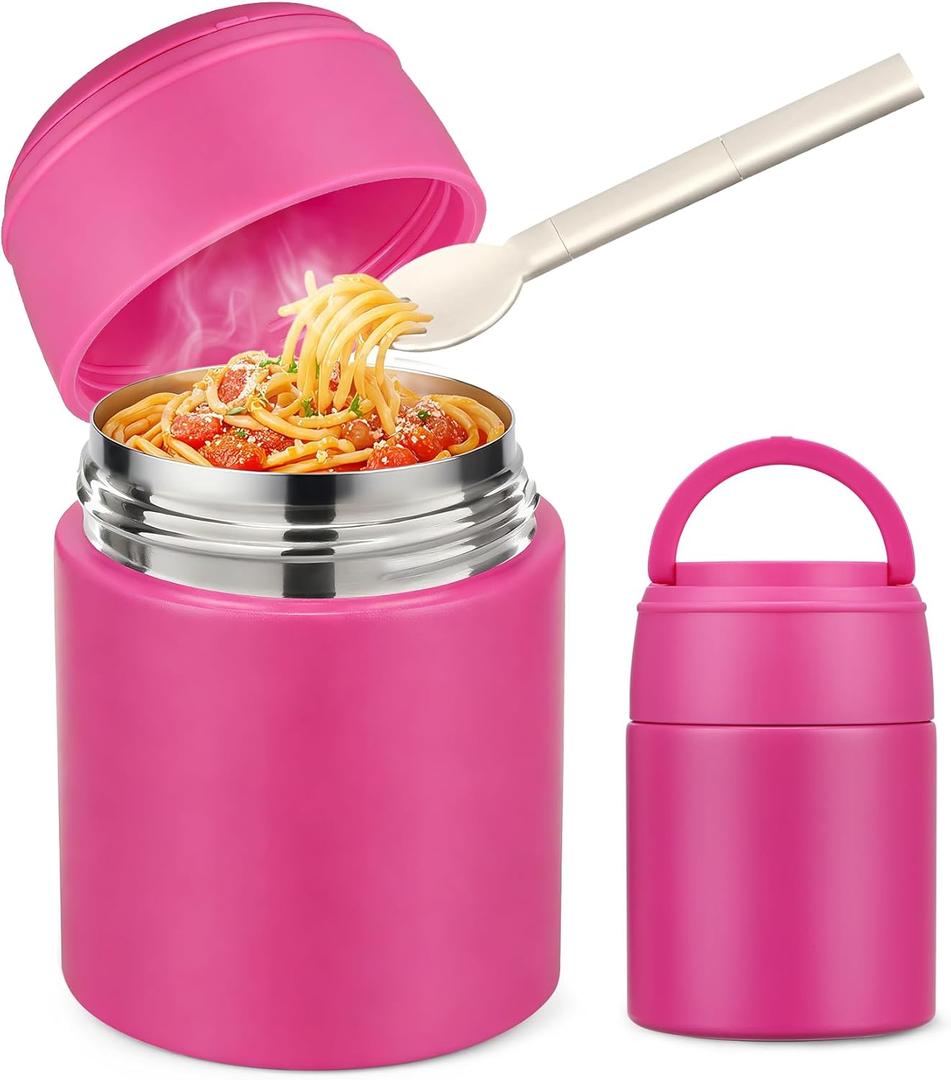 10oz Soup Thermo for Hot Food Kids Insulated Food Jar with Spoon Wide Mouth Stainless Steel Lunch Container Leak Proof Vacuum Food Box for School Travel Picnic Rosy